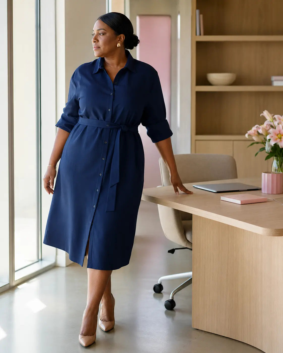 Woman wearing a comfortable dress during a workday