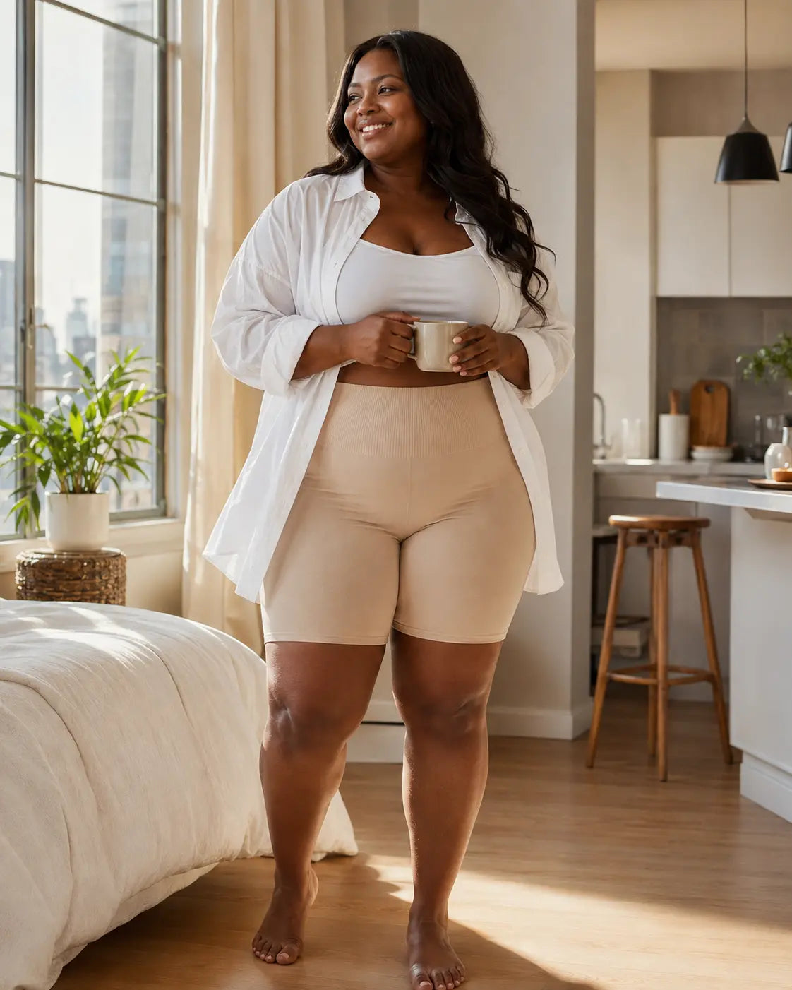 Model wearing the beige LYROVA shorts at home