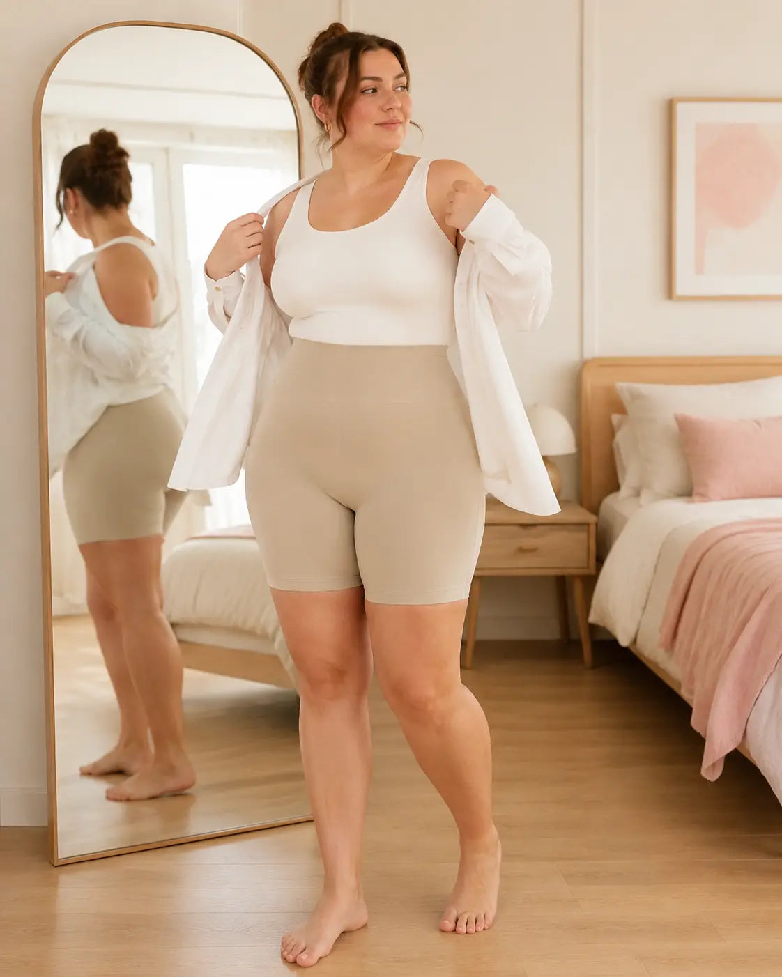 Woman getting ready in the morning wearing beige LYROVA shorts