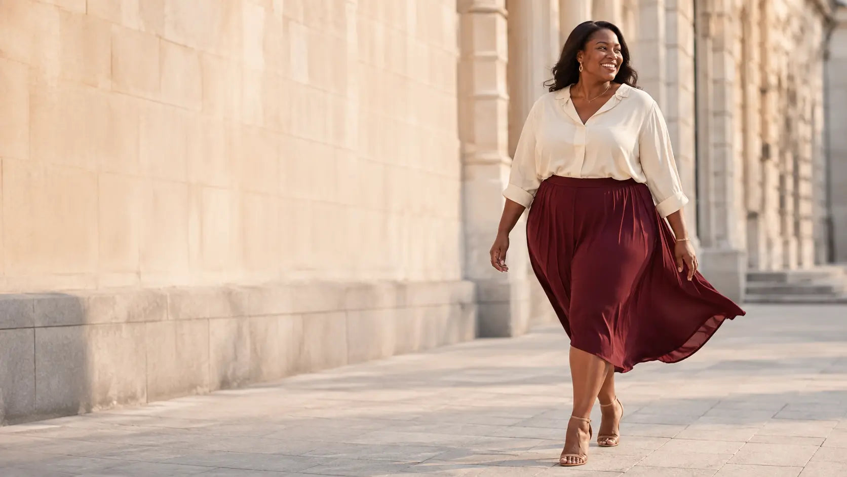 Curvy woman walking freely in an elegant outfit