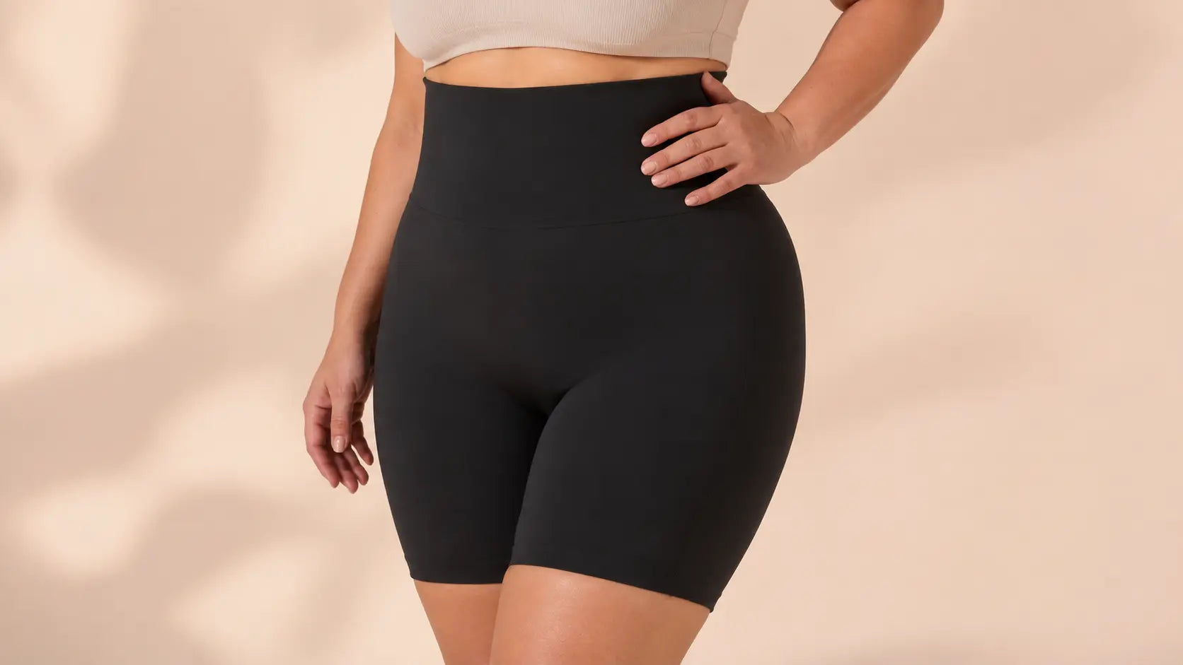 Close-up of the high waist on LYROVA shorts
